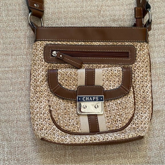 Chaps Brown Leather & Woven Straw Crossbody Shoulder Bag Adjustable StrapVintage - Picture 2 of 9